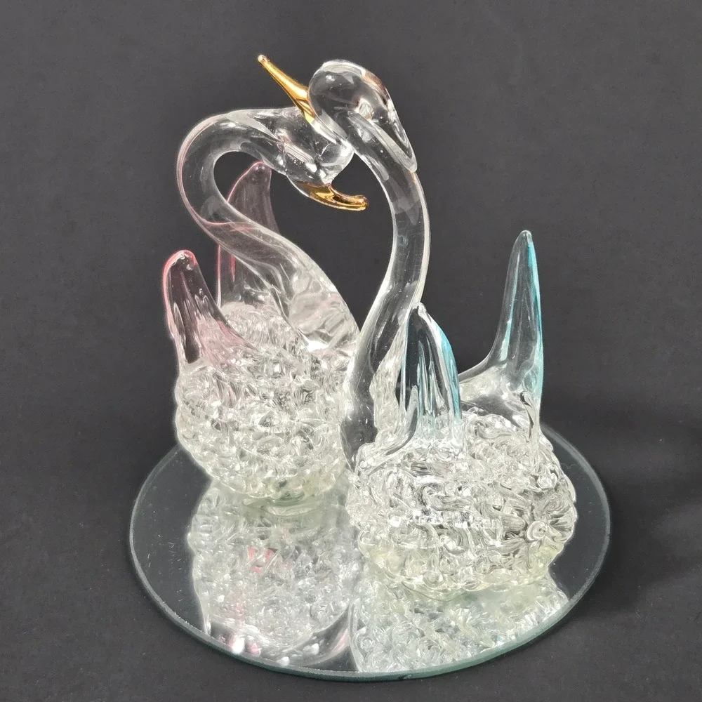 Vintage Hand Blown Spun Glass Swan Pair Gold Beak Pink Blue Mirrored Base 3 inch